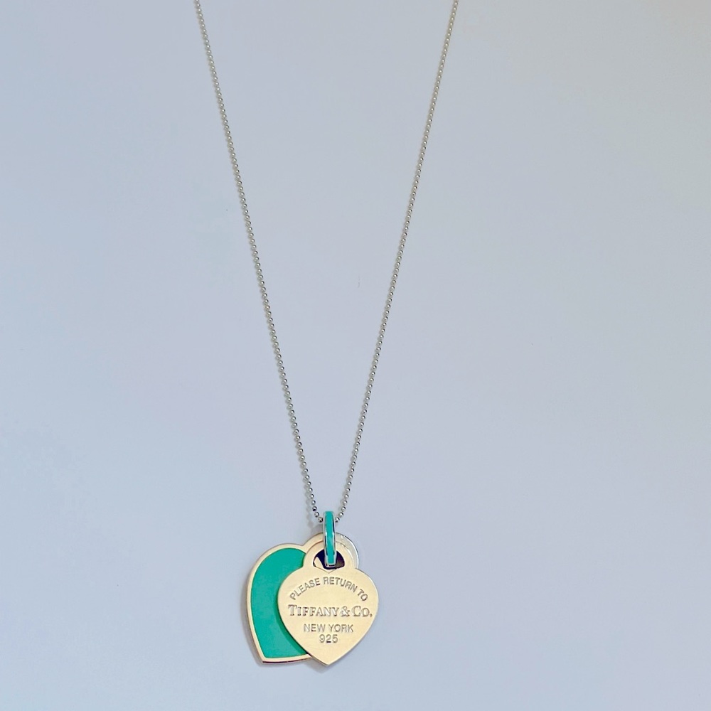 Tiffany & Co Double Heart Tag Charm Necklace Silver Blue Enamel